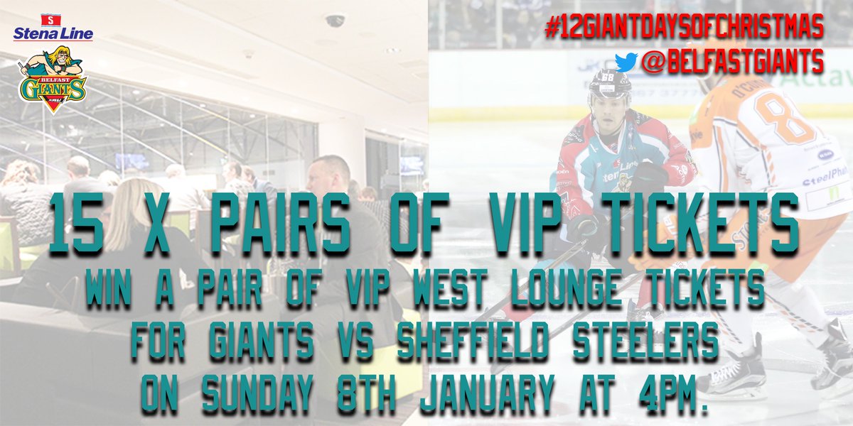 BelfastGiants's tweet photo. Day 9: Win 1 of 15 pairs of VIP West Lounge tickets for this Sunday's game vs Sheffield! To enter - Follow us &amp; Retweet this! Ends 6pm Weds. https://t.co/SKpWq9ZB0B