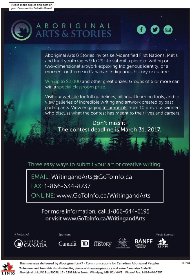 First Nations, Métis &amp; Inuit Youth (9-29) are invited to submit writing or artwork for a chance to win up to $2000: ow.ly/wUGP307E0c7