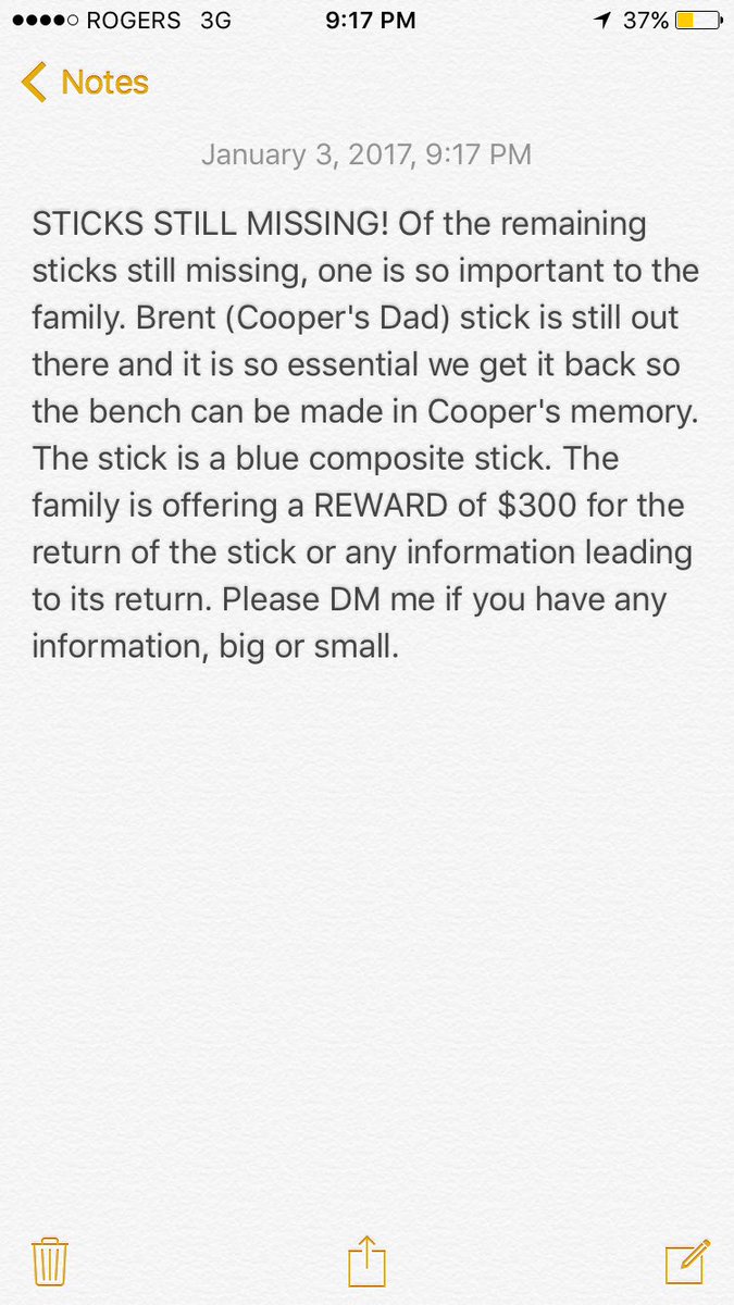 andrewskogen's tweet photo. $300 REWARD - for the return of Brent Nemeth's (Cooper's Dad) stick. Please see the attached for more information. Please RT! https://t.co/NRn4KRR7qc