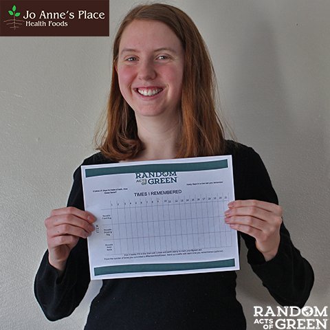 RandomActsGreen's tweet photo. Nicole from Jo Anne's Place is taking the Random Acts of Green™ Reusables Challenge! Visit @joannesplace for #healthyliving tips! #ptbo https://t.co/ghqO9xgXiX