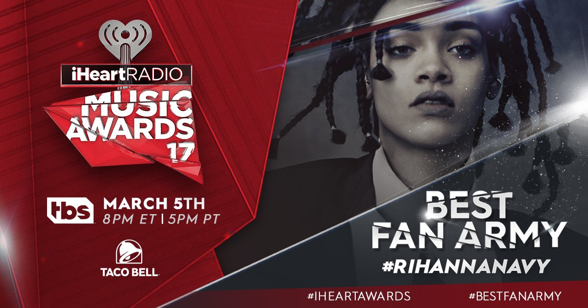 1027KIISFM's tweet photo. Bring it, #RihannaNavy! You've been nominated for the @tacobell #BestFanArmy at our 2017 #iHeartAwards! RT to VOTE! https://t.co/LbkU1STrTe https://t.co/kxjKHZtu4i