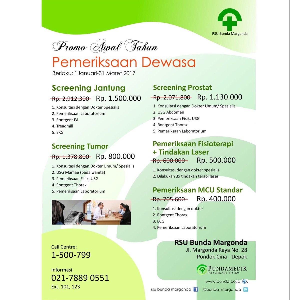 Awali tahun baru dengan melakukan pemeriksaan kesehatan di <a href="/bunda_margonda/">RSU Bunda Margonda</a> serta manfaatkan promo kami. info:021-78890551 Ext:101/102/123