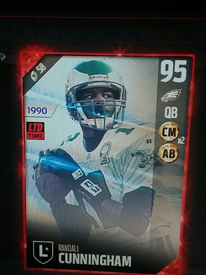 Letangbums's tweet photo. Here's my final giveaway for tonight. Limited Time Randall Cunningham. Must RT and a follower to enter. Announcing the winner tomorrow. GL! https://t.co/iUSz3bcneJ