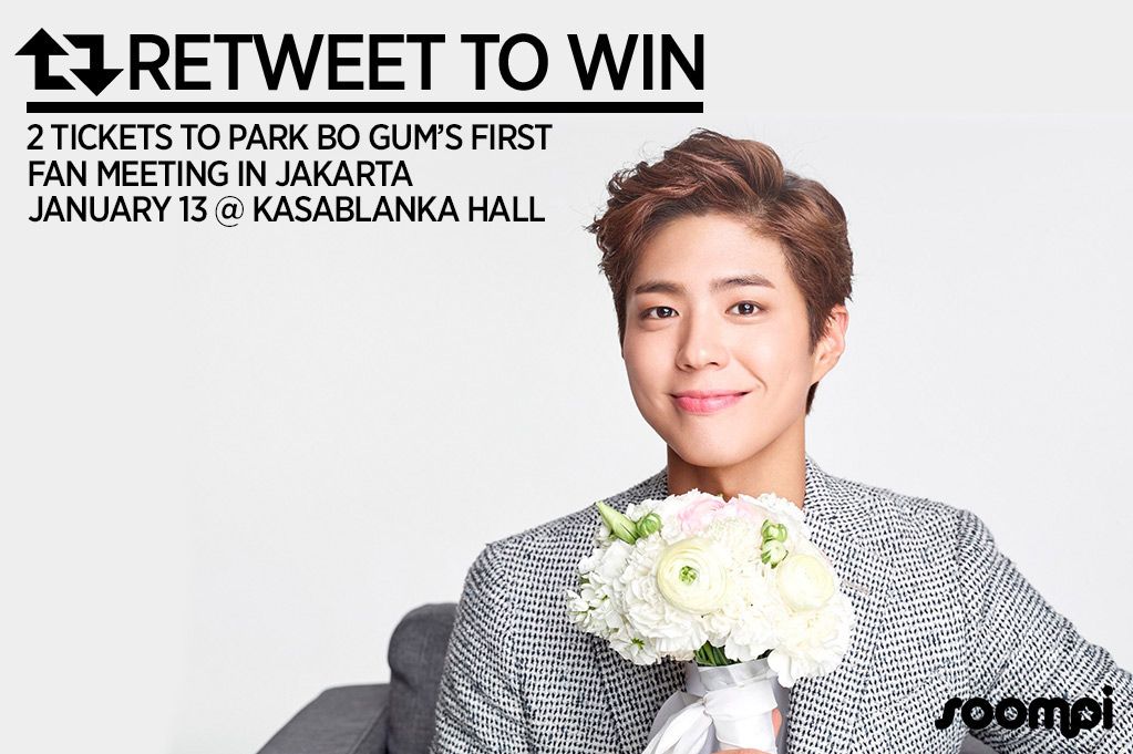 soompi's tweet photo. Jakarta! Win a pair of tickets to see #PARKBOGUMinJKT~ You have until 1/6 11:59AM KST to enter! Only re-tweet if you can attend the show~ 😍 https://t.co/esOnB0drXe