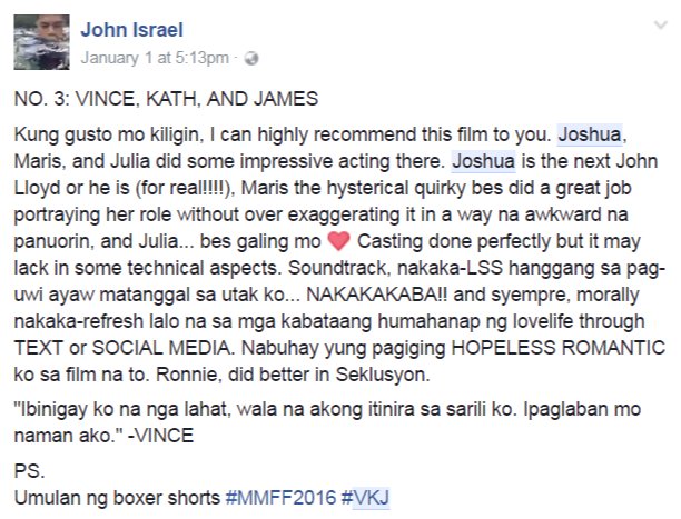 OzgurB0rsa's tweet photo. Manood na kasama ang inyong pamilya at kaibigan. β€οΈ #ExtendMMFF #VKJReviews #VinceandKathandJames #VKJ100 #VKJ2ndBlockbusterWeek https://t.co/LEmt8W5YVO