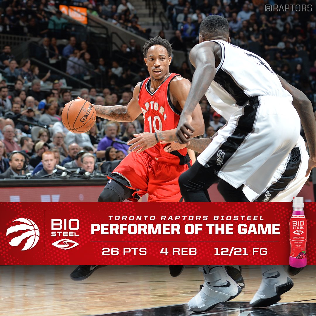 Raptors's tweet photo. DeMar DeRozan was the lone bright spot tonight. He is the @BioSteelSports Performer of the Game. #NBAVote https://t.co/iCq2AqT5mz