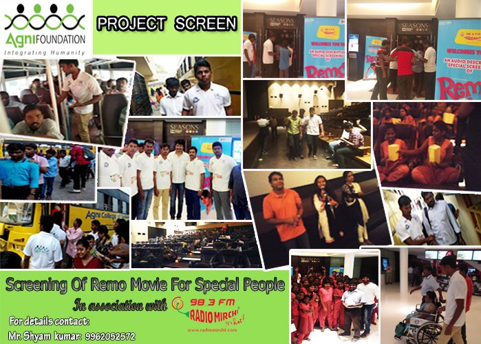 Agnifoundations's tweet image. Agni Foundation introduces "PROJECT SCREEN" for the special people!
#Projectscreen #moviesforblind #movie #kabali #Remo #Radiomirchi