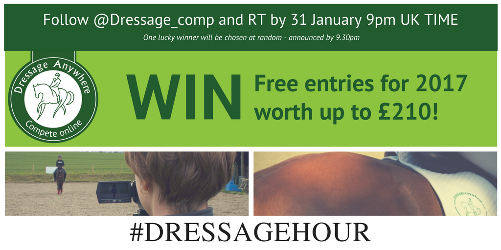 RT &amp; follow <a href="/Dressage_comp/">Dressage Anywhere</a> for a chance to #win free entries for 2017! (worth up to £210). Draw 9pm 31st Jan #dressagehour #DAbirthday