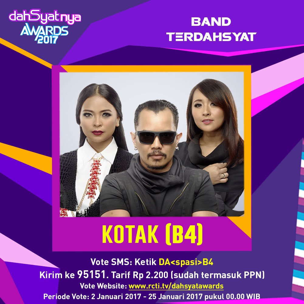 RT <a href="/dahSyatMusik/">dahSyat</a>: kita akan bahas satu band yg  bergenre ROCK asal Jakarta yaitu, <a href="/kotakband_/">Official KOTAK</a> #VoteDahsyatnyaAwards