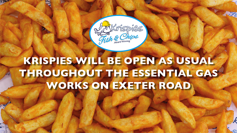 alimyer's tweet photo. Essential Gas Work in Exeter Road start today but Krispies will be open as usual throughout. https://t.co/LcMkLl56H1