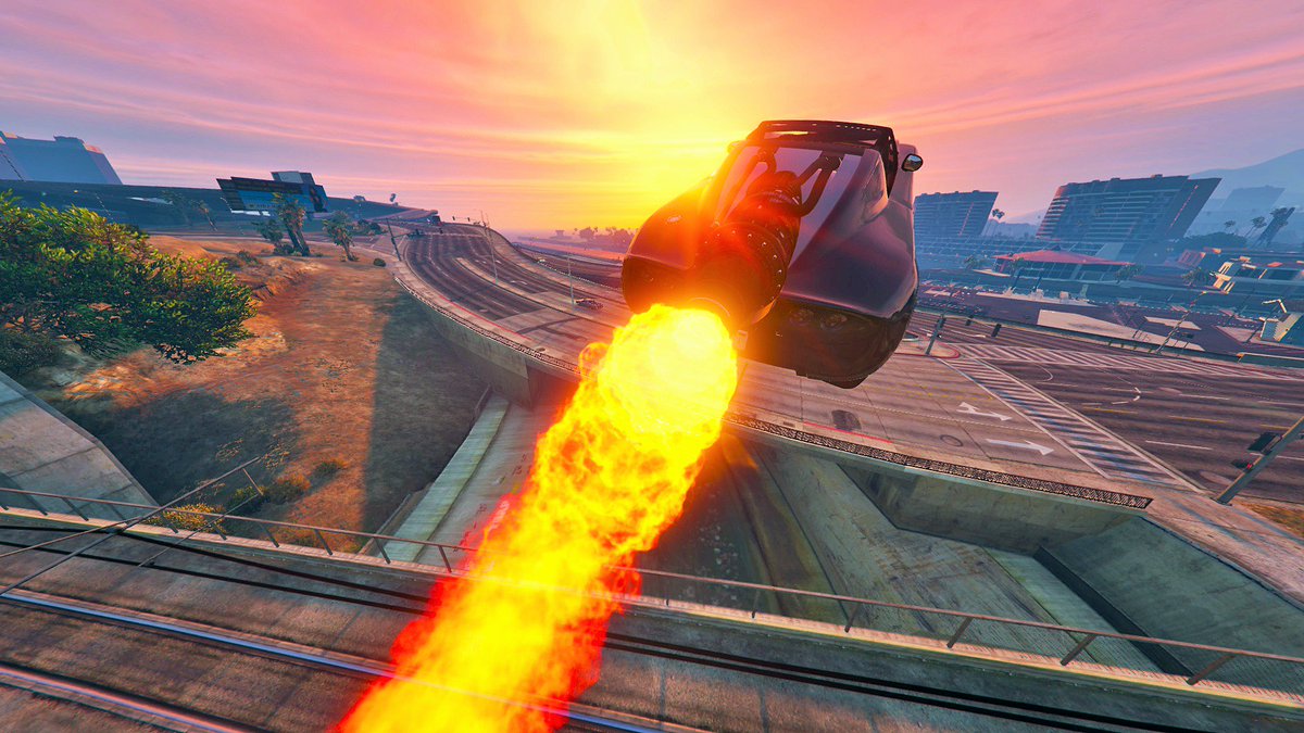 GTActionGaming's tweet photo. Sunrise Rocket Launch #GTAV #GTAOnline #GTAPhotographers #GTActionshots @RockstarGames https://t.co/GyLq76LLPx