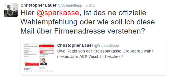 safi_sy's tweet photo. #Germany Democracy in decline: Social Democrat #ChristopherLauer denounces local savings bank employee for voting #AFD so he gets fired. https://t.co/gBWoFQ1FQz