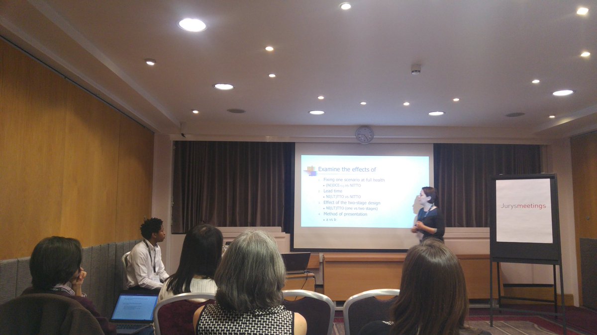 BasarirH's tweet photo. Jytte Nielsen @HealthEconNCL discussing "An exploration of non-iterative #timetradeoff"by Aki Tsuchiya of @ScHARRHEDS #TTO #HESGwinter2017 https://t.co/JtrYmypscf