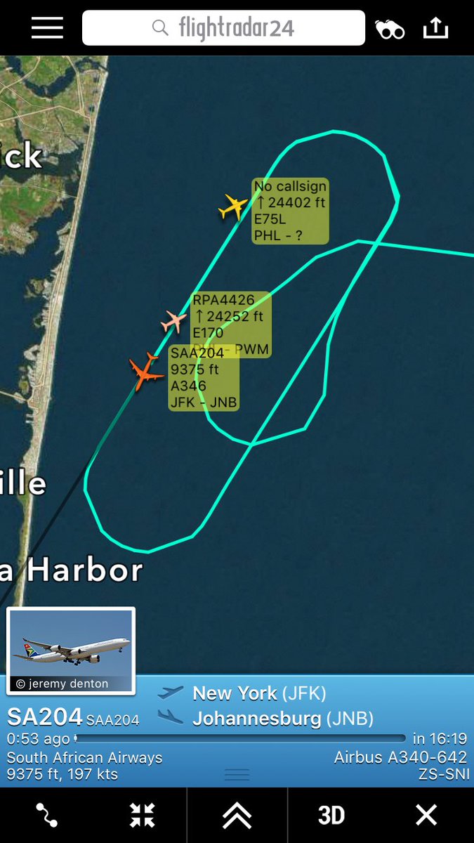 TomPodolec's tweet photo. Update South African Airways #SA204 to Johannesburg holding; burning/dumping fuel to lighten landing weight. Returning to New York JFK. https://t.co/syNNY0bzxP