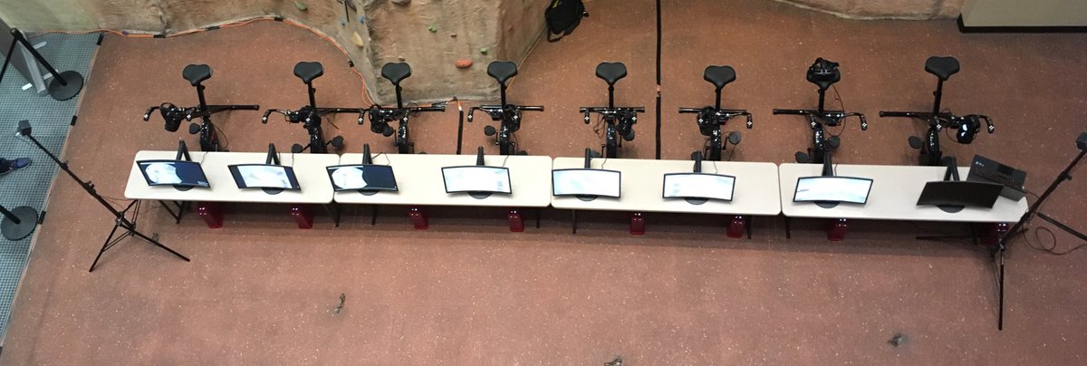UploadVR's tweet photo. Here is @VirZOOM tracking 8 @htcvive headsets with two lighthouse base stations for its 'vSports' launch event. #CES2017 https://t.co/MtGPPTUDK4