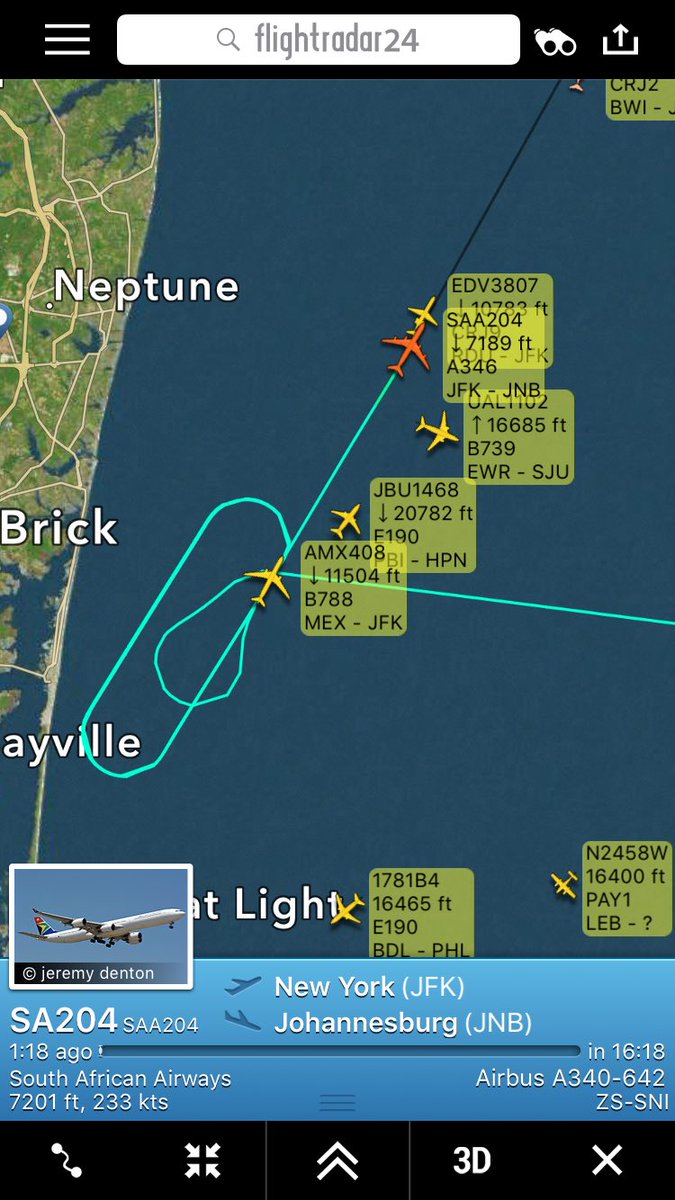 TomPodolec's tweet photo. Update South African Airways #AA204 left its hold. Heading to JFK. Requesting longest runway/31L. New York to Johannesburg flight. https://t.co/qmVKR0x8LV