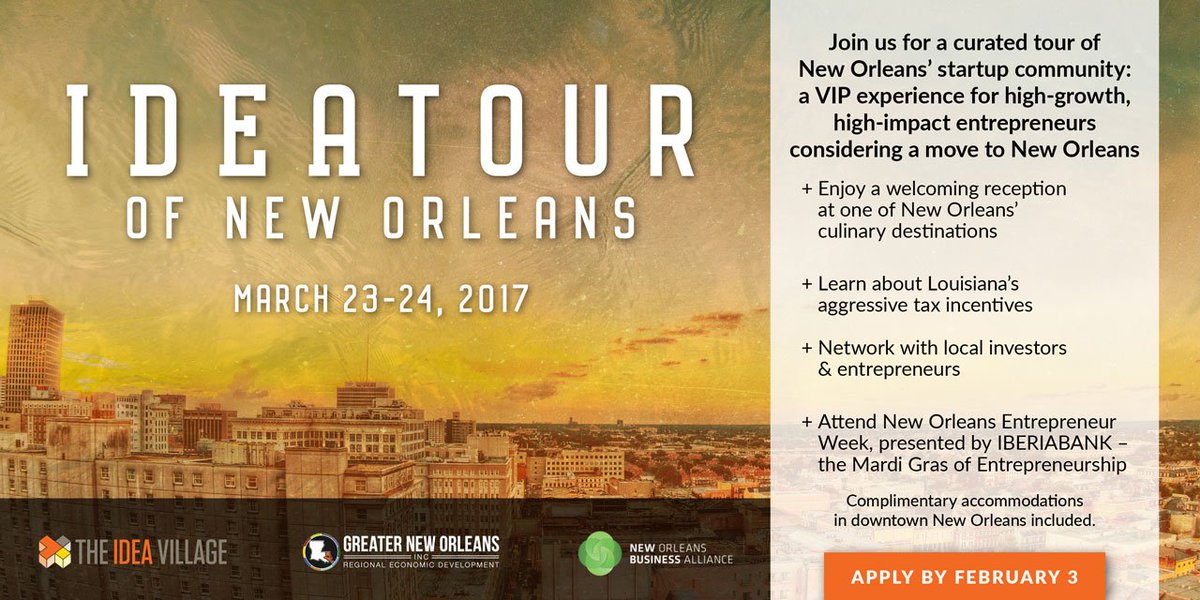 callistarmr's tweet photo. Want to move your #startup to #NOLA? Apply to our #IDEAtour program! More info @ https://t.co/TDTUfCvshc @NewOrleansBA @GNOinc @IdeaVillage https://t.co/ecRMnY8ejY