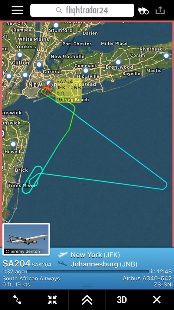 FlightIntl's tweet photo. Flight #SA204 from New York to Johannesburg safely returned to JFK
https://t.co/ALJ1uVzPuy https://t.co/P1xsrQEJkR