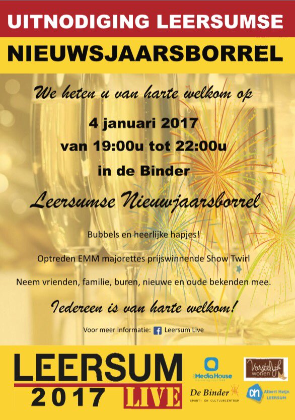 Om 19:00u de Leersumse #nieuwjaarsborrel met de majorettes van EMM👏🏻Wethouder @hansnijhof is er ook! We zien u graag vanavond in #DeBinder 🍾