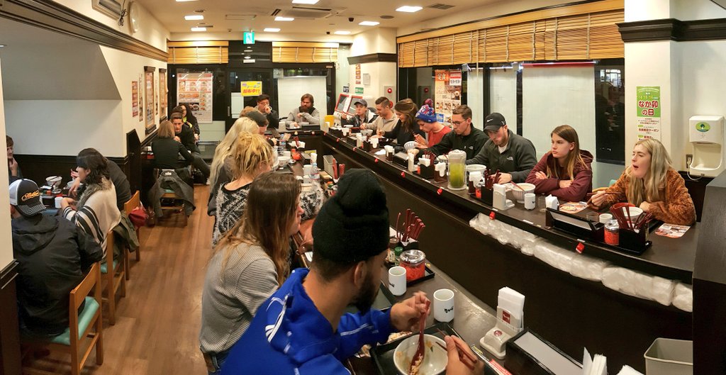 We take over entire restaurants whenever we have a meal in #Tokyo #Japan. Restaurants love #jayhawks. #ramen #udon #curry @KU_SADP #travel