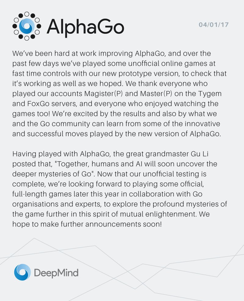 AlphaGo is revealed via Twitter as mystery Go player.