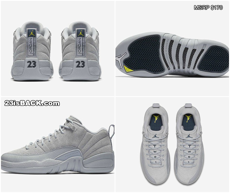 _23isBACK_'s tweet image. A lot of Jordan fans don't like the lowtop XII's, but this grey/navy color is supposed to release on March 18 in men's and kid's sizes.