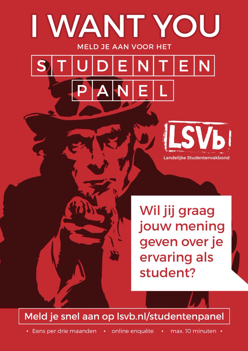 Wij willen jouw mening!
Laat je stem horen en meld je aan voor het #studentenpanel. Korte online enquêtes, maximaal eens in de 3 maanden.