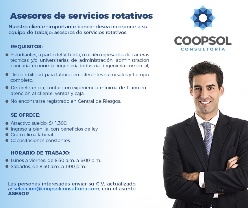 CoopsolConsult's tweet photo. Oportunidad de #empleo. Envíanos tu C.V. a seleccion@coopsolconsultoria.com. #Coopsol #GrupoCoopsol #Trabajo. https://t.co/1oaLib697a