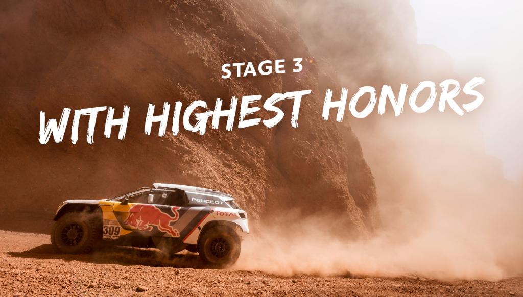 Peugeot's tweet photo. First 3 places on today’s stage and in the general. Congratulations to @s_peterhansel  @carlosainz  &amp; @SebastienLoeb ! #WeLoveDust #Lions https://t.co/KhSUMNXLXF
