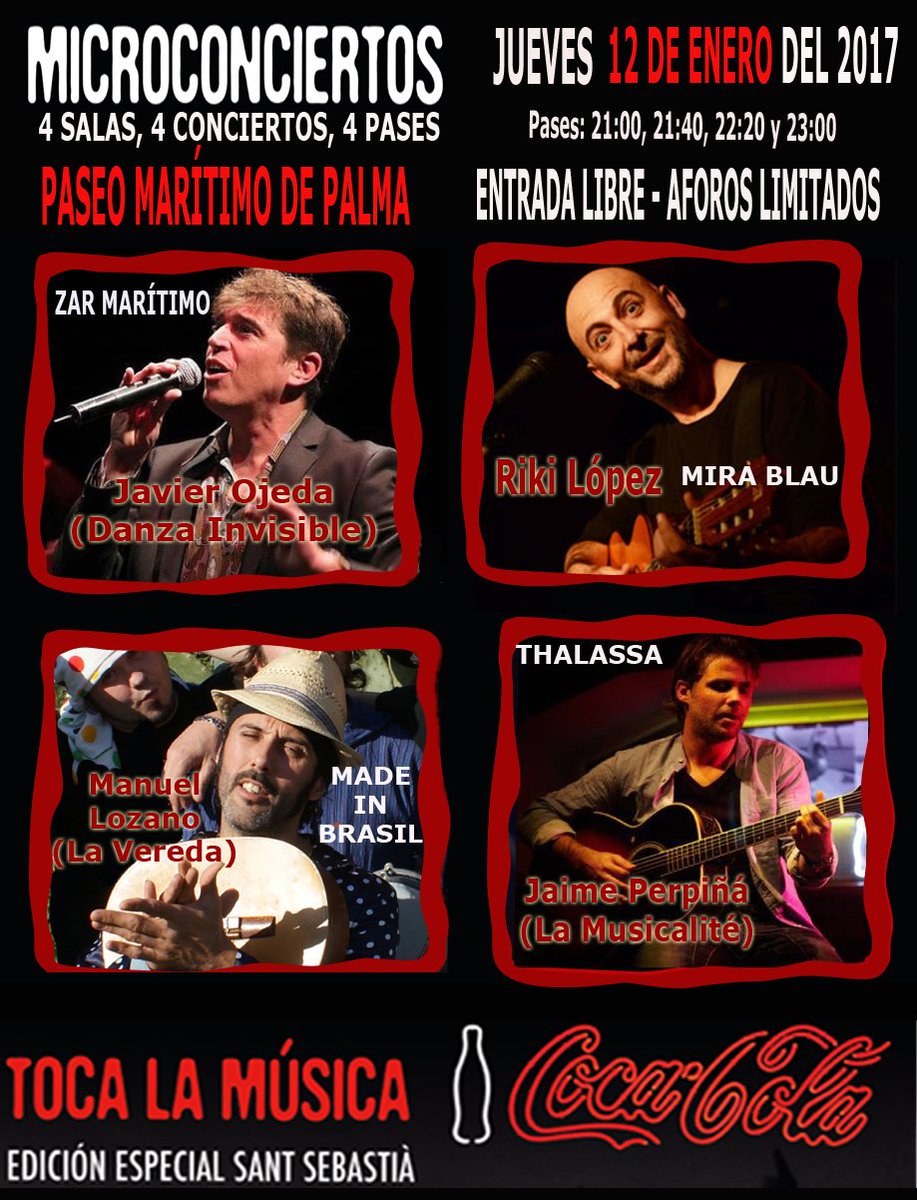 Youthing_es's tweet photo. Microconciertos en #Palma (Zar Marítimo, Mira Blau, Thalassa y Made in Brasil) GRATIS. #SantSebastià @Tocalamusica @jaimemusicalite https://t.co/3Jx5MWV0lj
