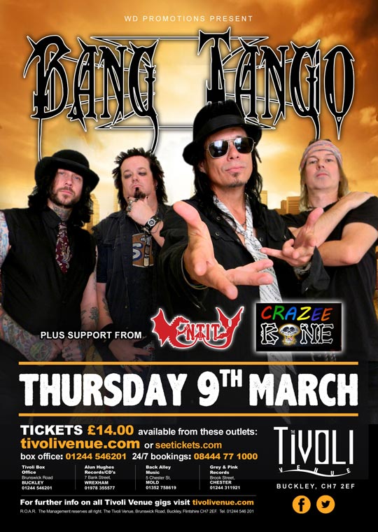 Tivoli_Venue's tweet photo. Catch US rockers #BangTango plus support #Entity #CrazeeBone
Thurs 9th March 2017. Tickets £14 #NorthWales https://t.co/JpXEeFesbO