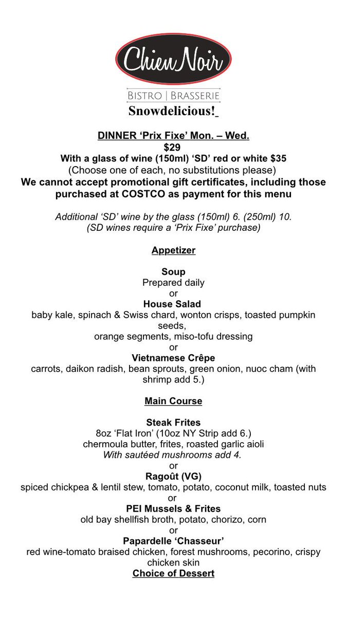 ChienNoirBistro's tweet photo. We are OPEN! And #Snowdelicious is officially on! Check out the menu #ygk #BDHG https://t.co/Y0OpEt5rzk