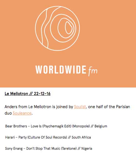 RapAndSoulPromo's tweet photo. .@soulistdj dropped by @worldwidefm before Christmas and spun some #BoogieBreakdown goodness for @LeMellotron show
#RapAndSoulPromo https://t.co/P6eGGKY77B