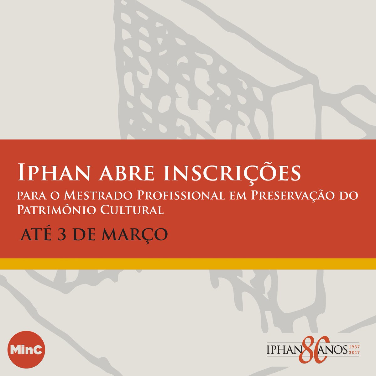 CulturaGovBr's tweet image. Serão oferecidas 20 bolsas para o Mestrado Profissional em Preservação do Patrimônio Cultural do @IphanGovBr: bit.ly/2iAA92X
