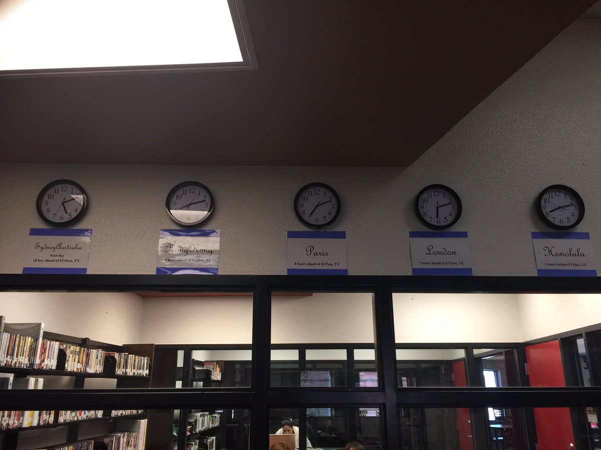 EdhsLibrarians's tweet photo. EDHS Library Word Wall and clocks. The library is looking awesome! #sisd_reads #aztec2017 https://t.co/7VfWzUybD6