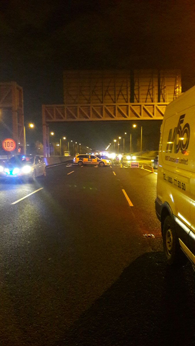 M50Dublin's tweet photo. Full road closure at J4 N'bound will remain in place for next while due to serious collision. Traffic diverted off at J4. Please try avoid. https://t.co/2lhr41XNEF