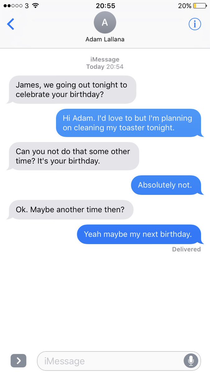 BoringMilner's tweet photo. Adam Lallana just asked me if I wanted to go out to celebrate my birthday but my toaster isn't going to clean itself so I said no. https://t.co/e2RbPSbIEM