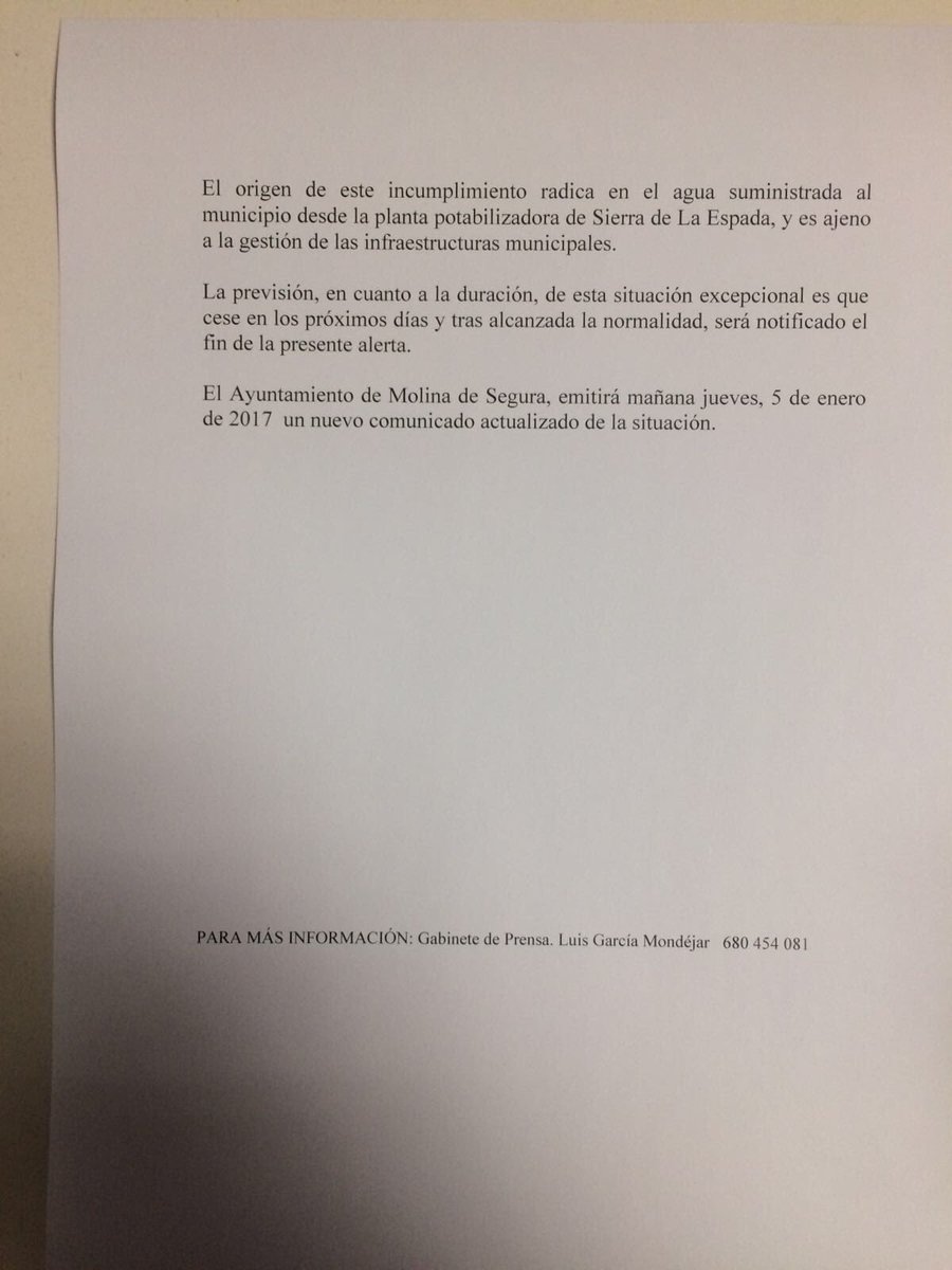 <a href="/AytMolinaSegura/">Ayuntamiento de Molina Segura</a> y <a href="/Sercomosa/">Sercomosa</a> informan a la población molinense que se abstenga de beber agua de las redes municipales hasta nuevo aviso