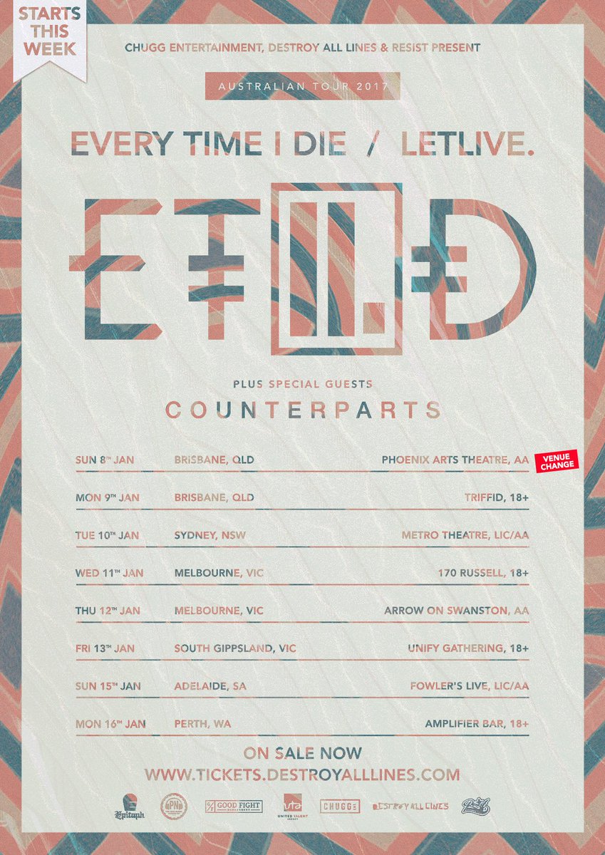We kick off our tour w/ @everytimeidie & @counterparts905 this Sunday in Brisbane! Get your tix NOW @ thisisletlive.com. Big ll.ove x