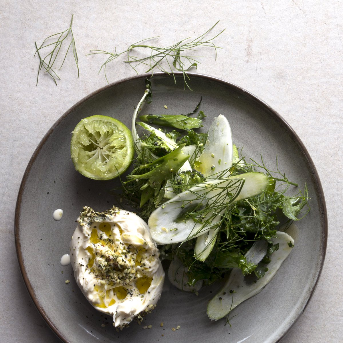 Summer salad! The Fresh Grower kale, fennel and sweet stem broccoli salad with Burrata. Delicious!