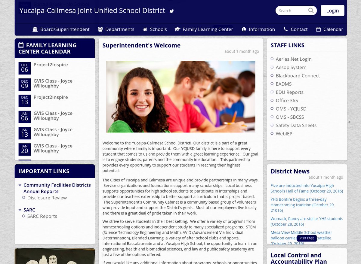 We think the front-and-center Superintendent's Message looks great on the new <a href="/YucaipaCalimesa/">@YCJUSDOnTheMove</a> district #SchoolBlocks page. Highly engaging!