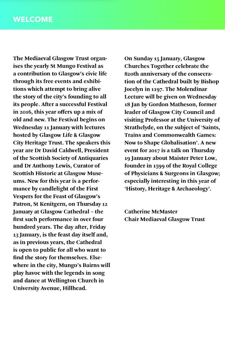 mediaevalgla's tweet photo. A welcome to the 2017 Festival by our Chair Catherine McMaster. @stmungofestival @MolendinarAward @GlasgowCC @glasgowlife @peoplemakeGLA https://t.co/ucLF0hdLLo
