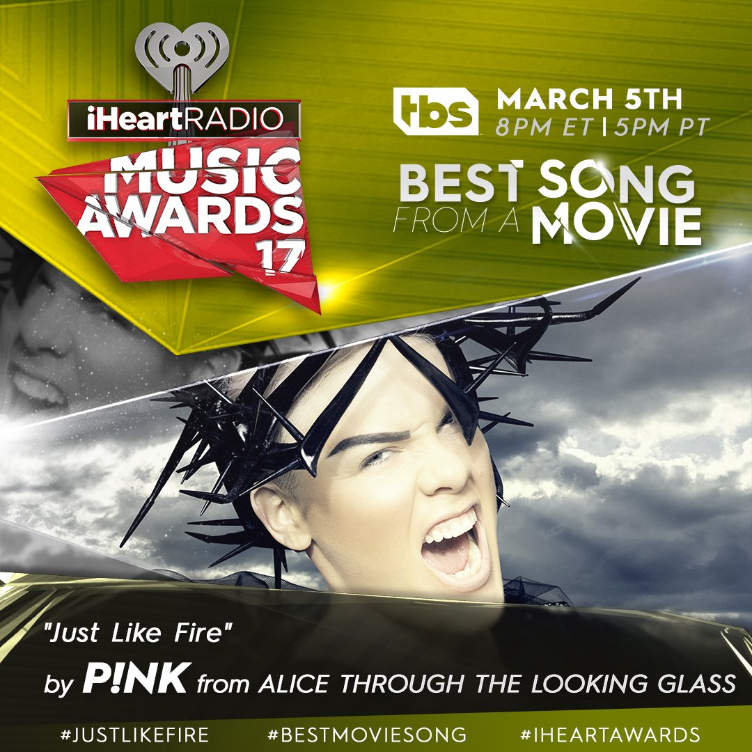 Last but not least, RT to vote for <a href="/Pink/">P!nk</a> and her song #Justlikefire for #BestMovieSong at our #iHeartAwards!  iHeartRadio.com/Awards
