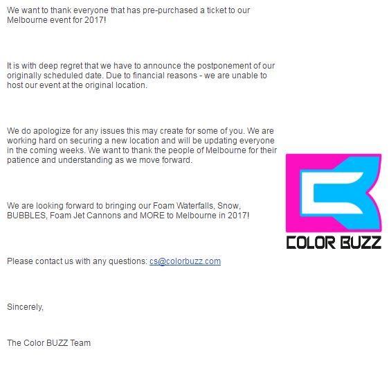 _bridgetdavies's tweet image. Fun runners fear they've been scammed - #ColorBuzz have now officially "postponed" the event @theheraldsun heraldsun.com.au/news/victoria/…