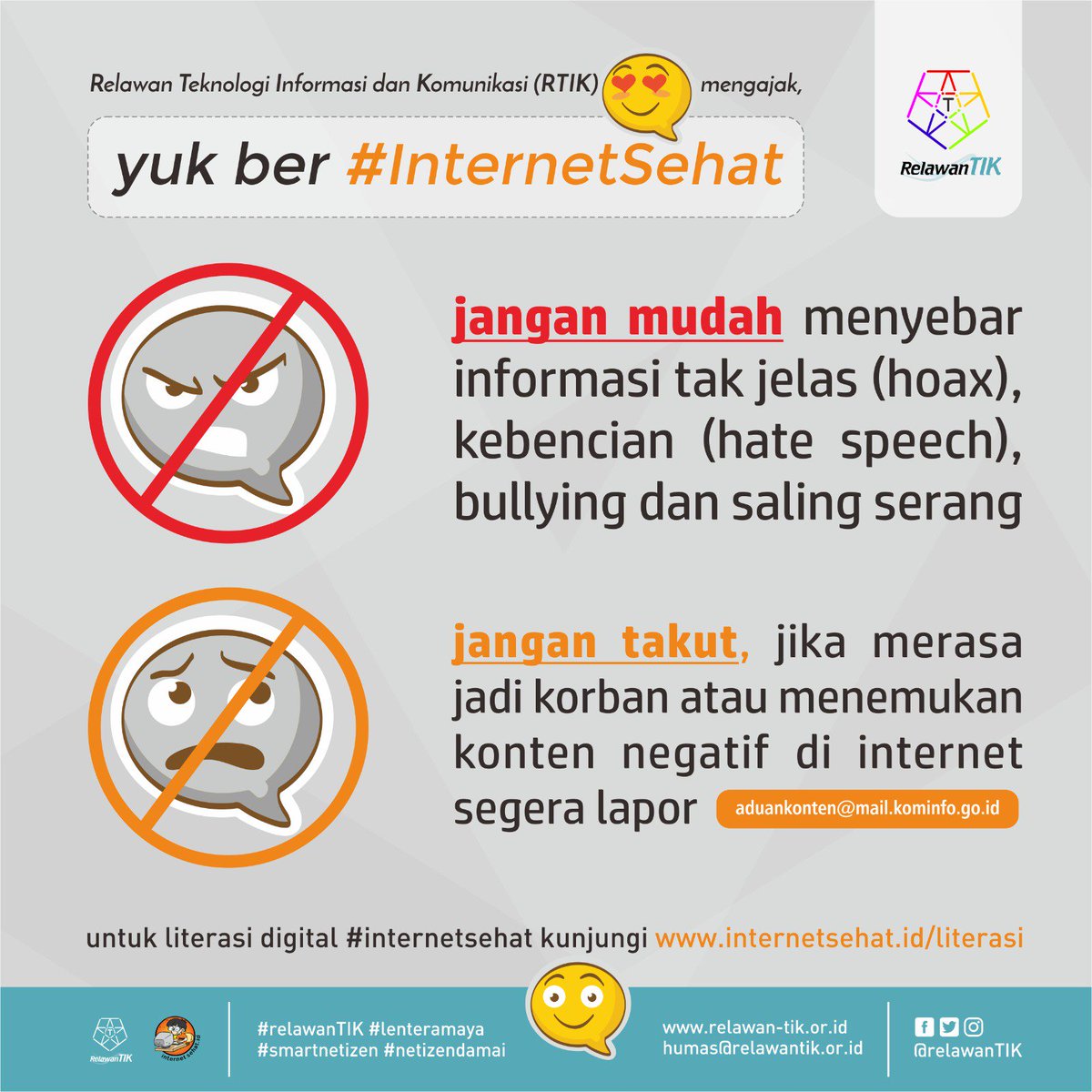 Yuk ber <a href="/internetsehat/">Internet Sehat</a> | untuk #literasidigital #internetsehat kunjungi internetsehat/literasi | #relawantik #banggajadirtik #netizendamai