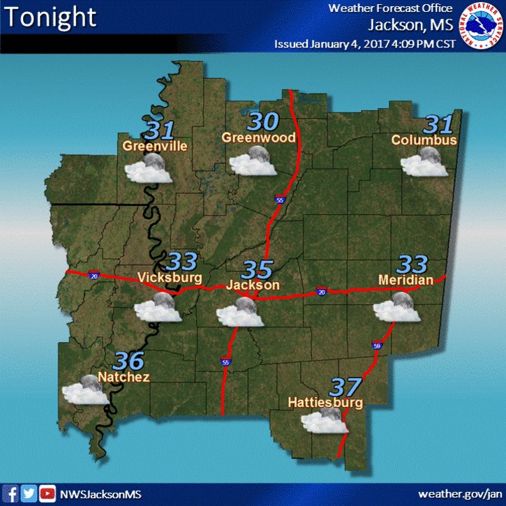 NWSJacksonMS's tweet image. Might want to grab your mittens if you are up early tomorrow morning. Lows across the region will be in the mid to lower 30s.
