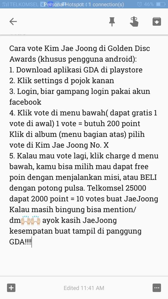 JYJFI's tweet photo. Hasil Vote GDA hari ini.. Jaejoong kembali ke posisi no 2.. 😞
Buat yg blum vote ikuti petunjuk berikut ya.. (cr. jaetothejoong) https://t.co/FQceHgFDZ2