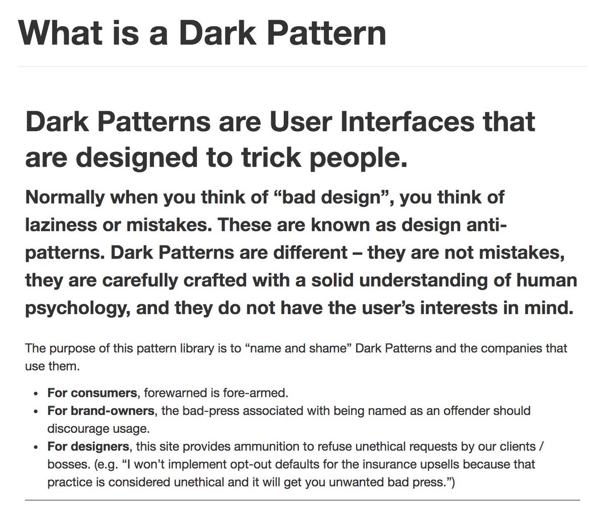 dark UX patterns that trick people: bit.ly/2iGx6Ea - a call to action to weed out blackhat UX; also, see darkpatterns.org.