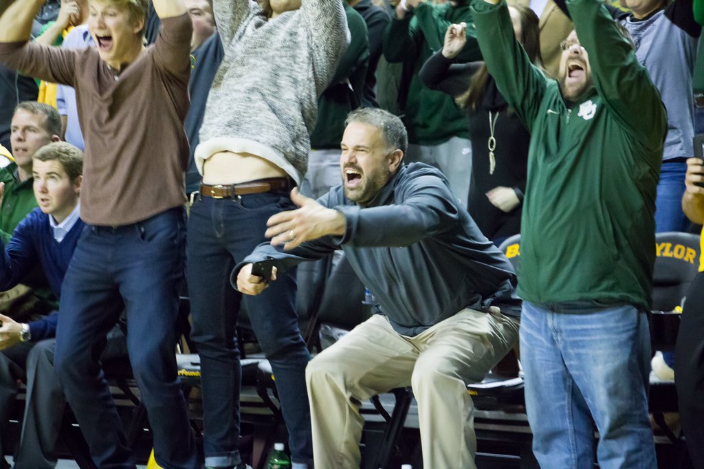 BUFootball's tweet photo. .@CoachMattRhule loving that @BaylorMBB game-winner. #SicISU 🏀 https://t.co/TrkgXDp9xo