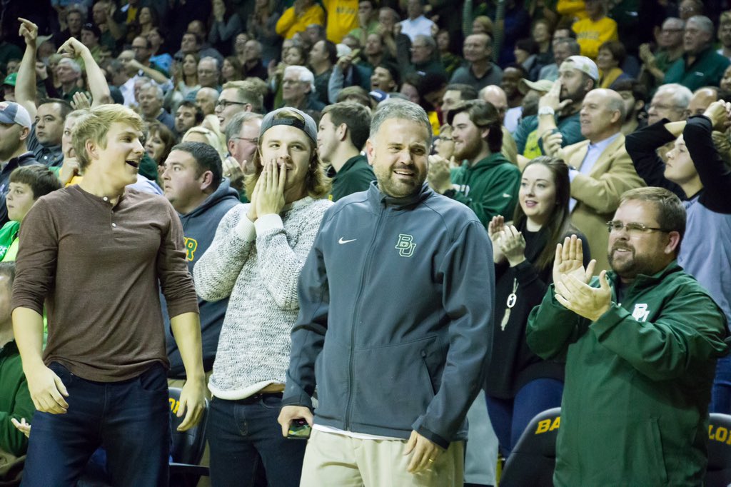 BUFootball's tweet photo. .@CoachMattRhule loving that @BaylorMBB game-winner. #SicISU 🏀 https://t.co/TrkgXDp9xo